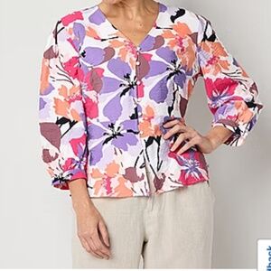 Liz Claiborne Womens V Neck 3/4 Sleeve Peplum Top